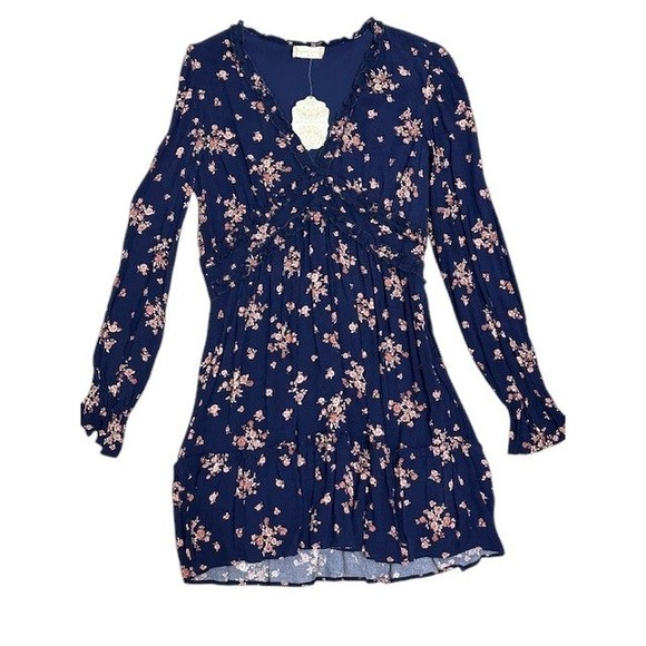 NWT ALTAR'D State‎ Pyper Navy Floral Ruffle V Neck Long Sleeve Mini Dress Medium - Picture 3 of 15
